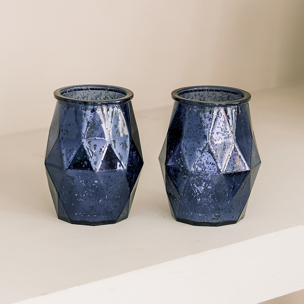 Large Geometric Mercury Glass Votive Candle Holders - Navy Blue  13295