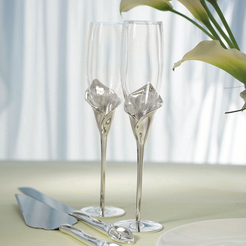 Silver Calla Lily Stemmed Wedding Champagne Flutes 13446
