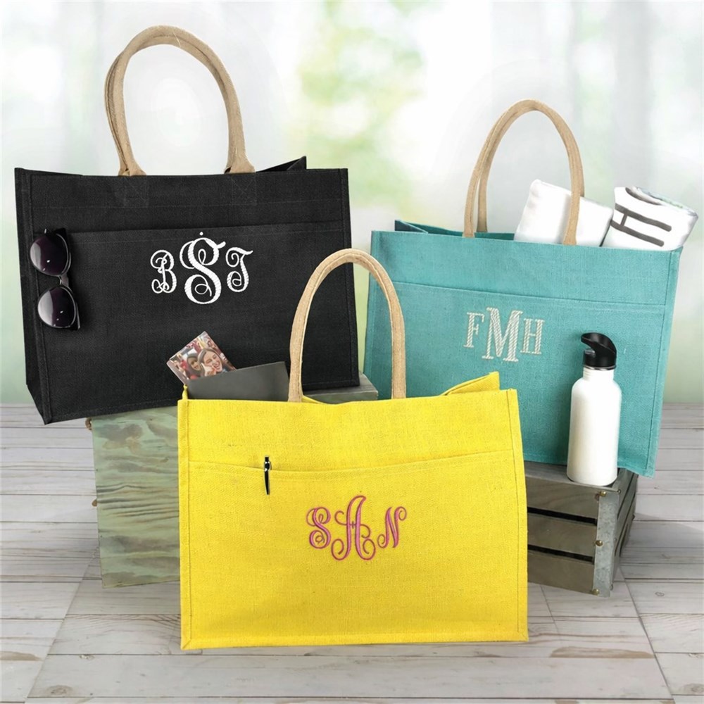 Embroidered Jute Pocket Monogram Tote Exxx413