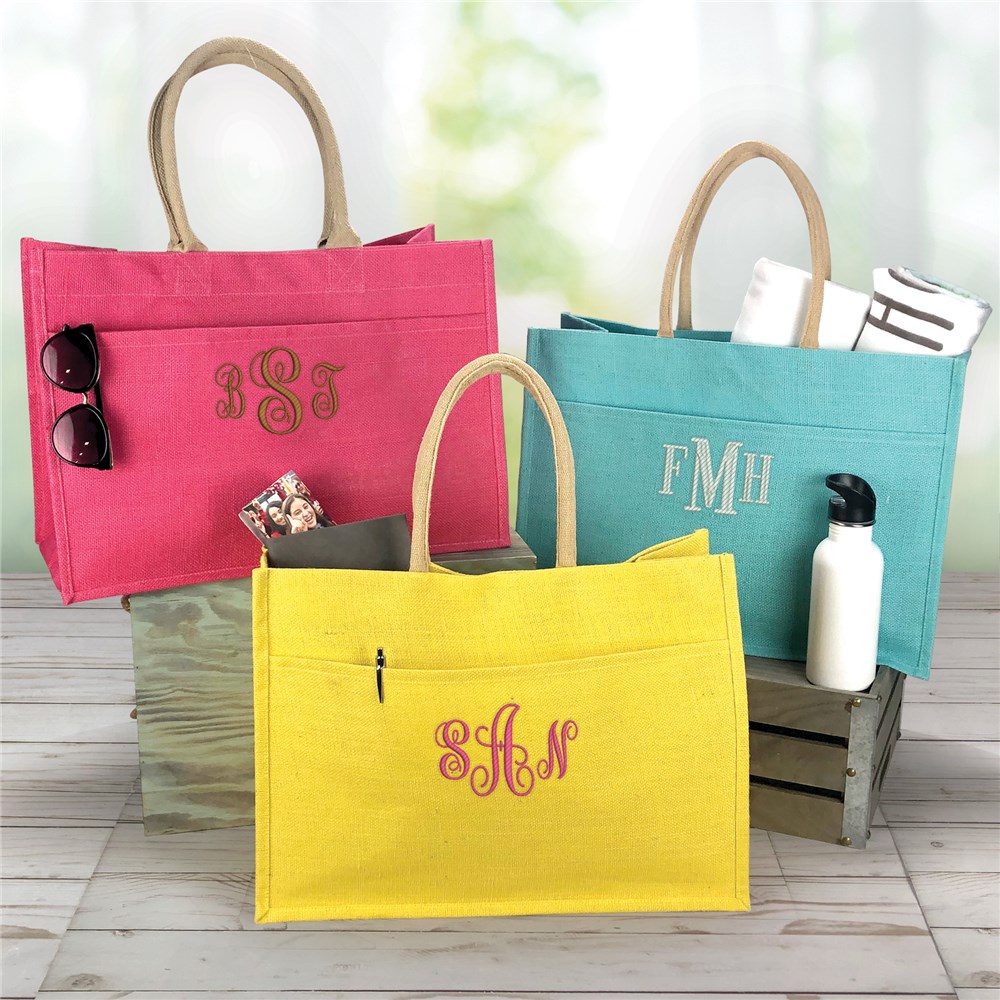 Embroidered Jute Pocket Monogram Tote Exxx413