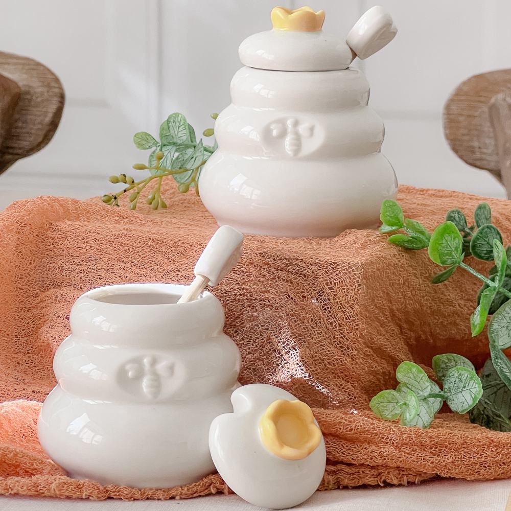 Bee Hive Ceramic Mini Honey Jar and Dipper Set 13394