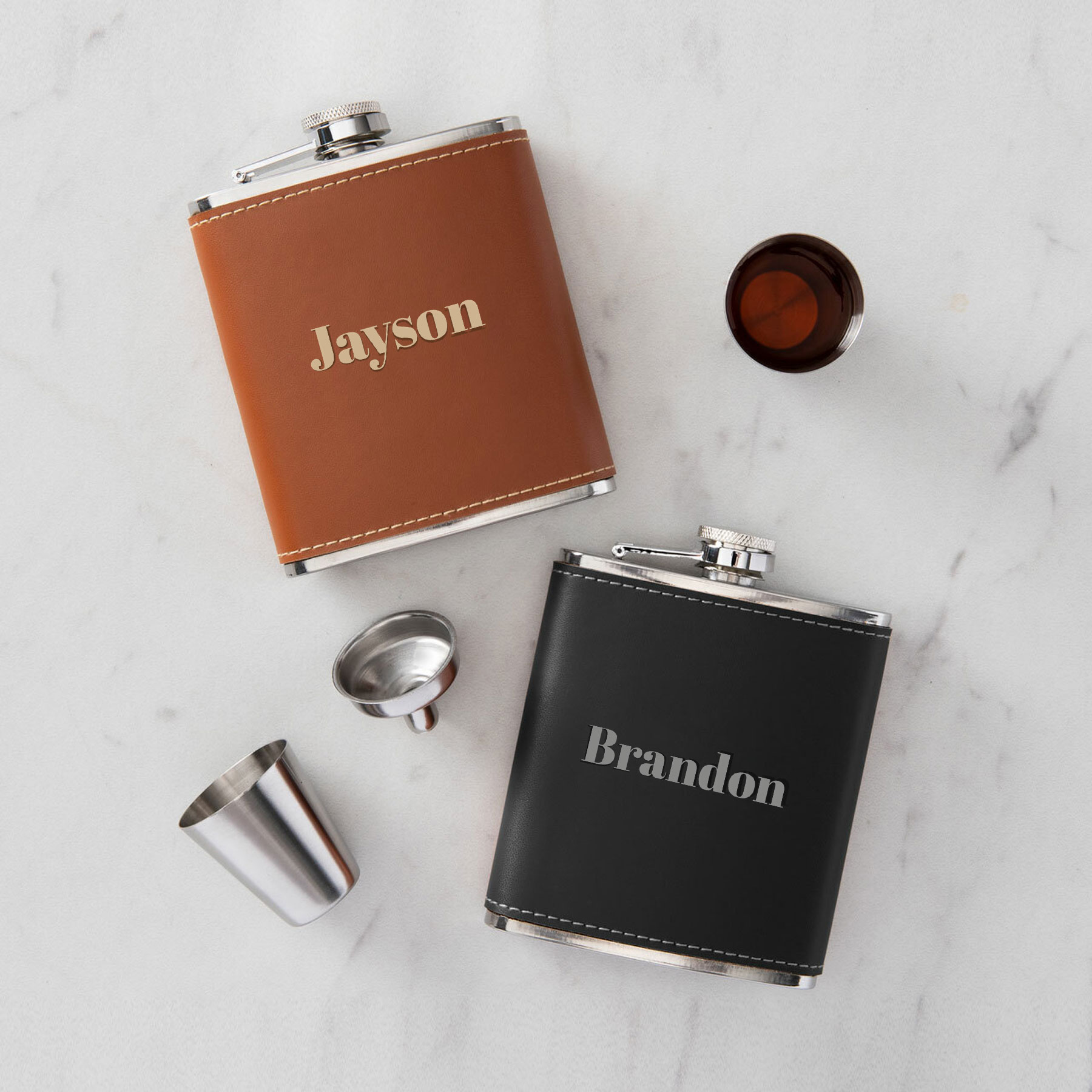 Personalized Stainless and Brown Leather Flask  1344