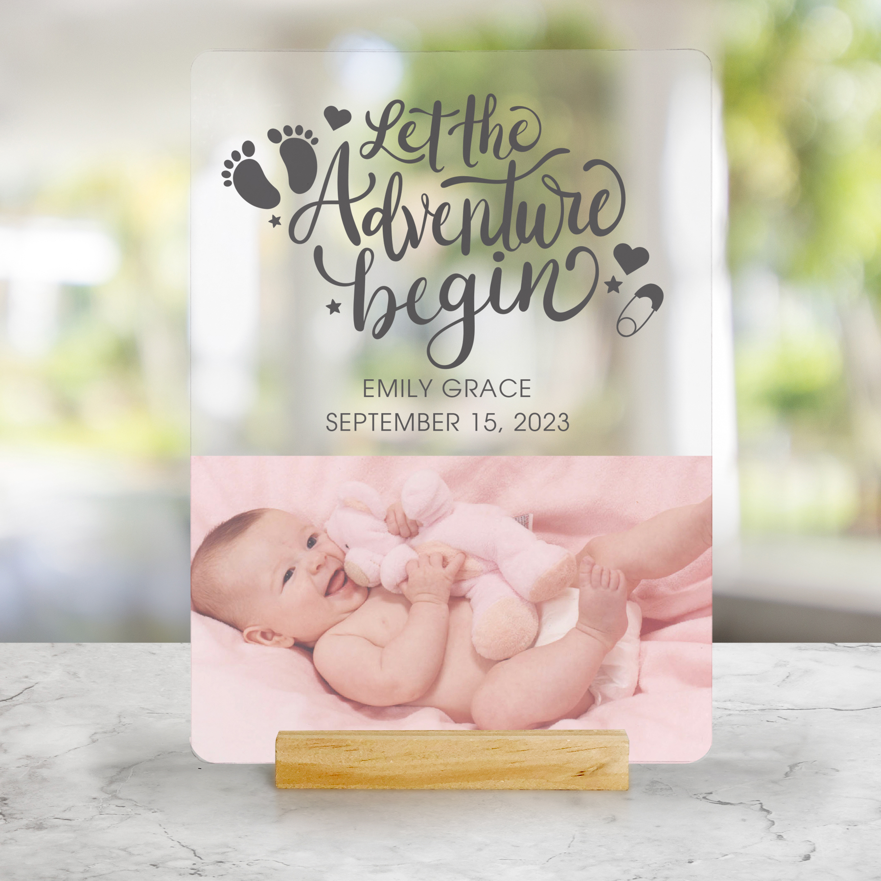 Personalized "Let the Adventure Begin" Acrylic Baby Keepsake