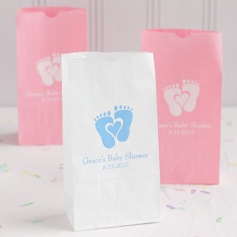 Personalized BABY Shower Cookie & Treat Bags BABY SHOWER Blue Baby Feet Candy Treat Bags Custom White Kraft Favor Bags Candy Fill Bags