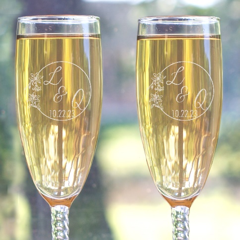 Custom Engraved Champagne Flutes with Monogram Letter