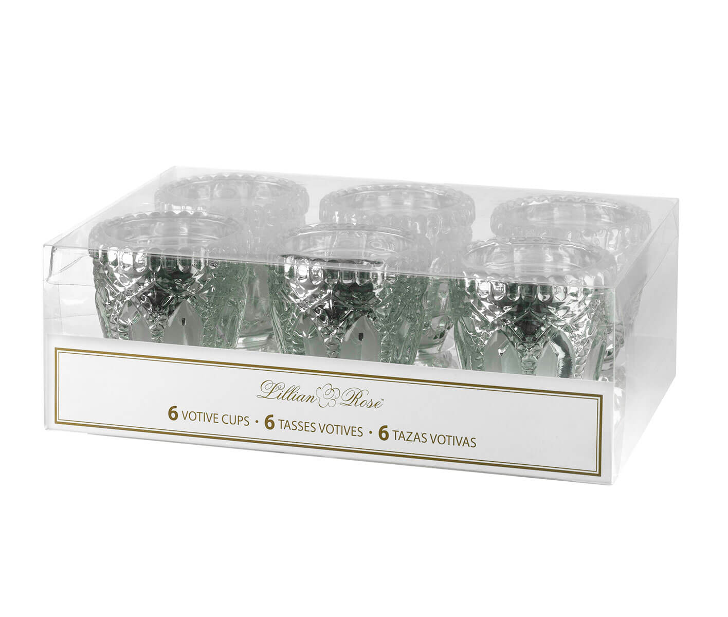 Set of 6 New in Box Silver Metallic Glass Votive Candle Holders 