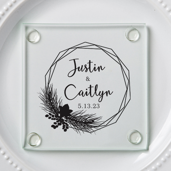 Round Personalized Coasters With Holder. Newlywed Gift. Engraved