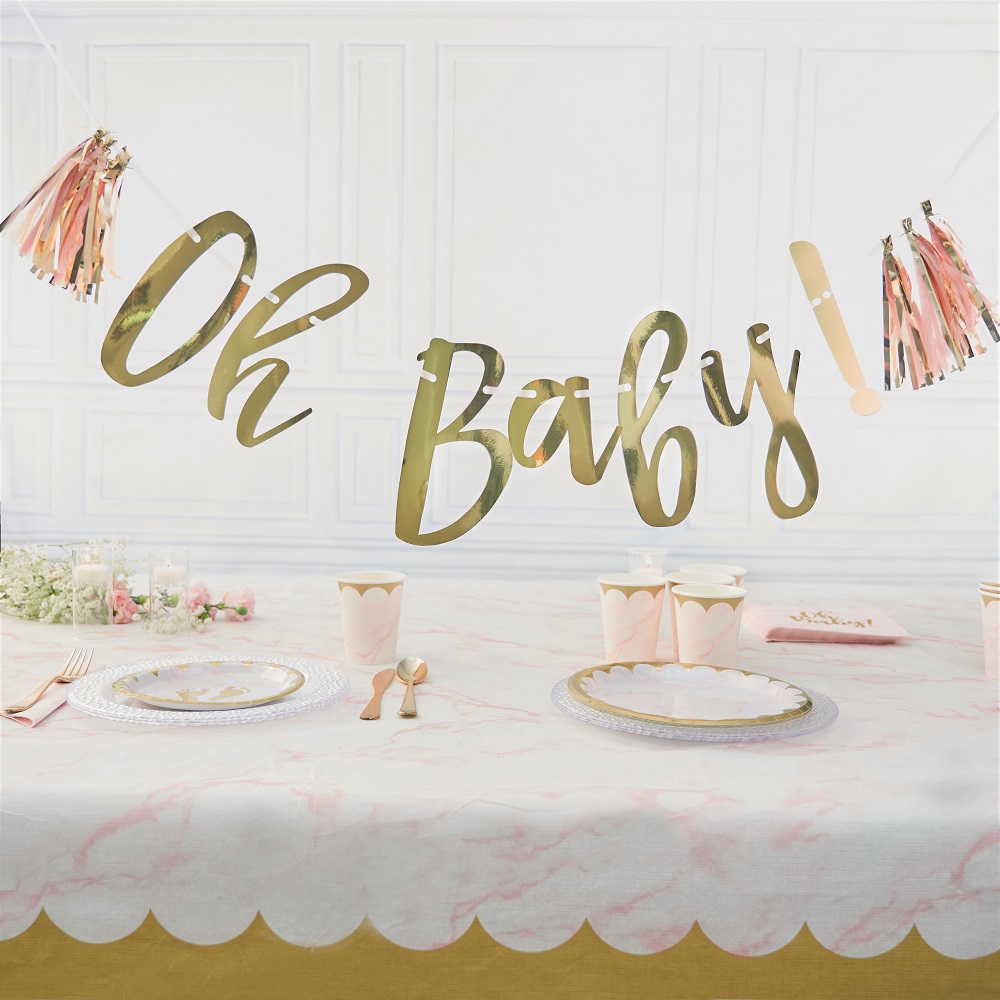 Kit Décoration Baby Shower Oh Baby - Bannière, Ballons Et Accessoires Or Pour Fête Naissance